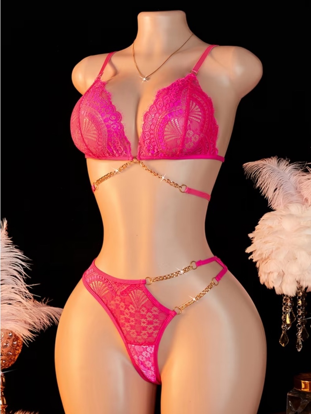Delicate Lace Bralette & Bikini Set in Hot Pink with Chain Accents